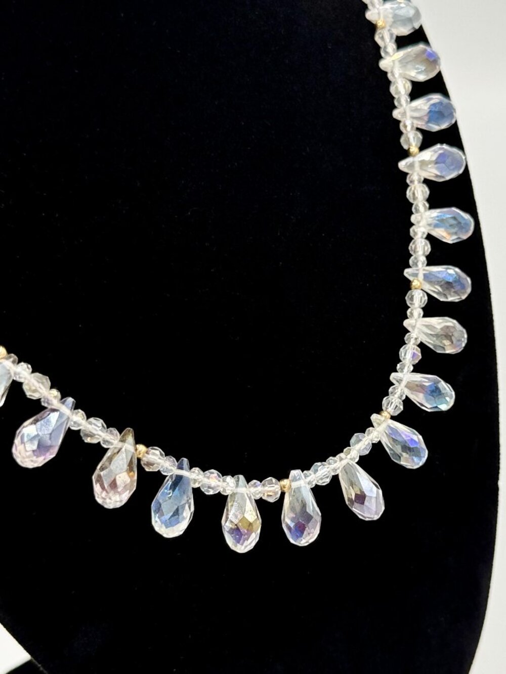 Vintage Teardrop Crystal Necklace 18” Aurora Borealis 14K gold Party